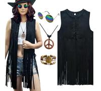 XonyiCos Costume hippie da donna, set di gilet anni '60 anni '70, da discoteca, per carnevale, accessori hippie (nero, S)