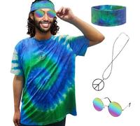 XonyiCos Costume hippie per uomini e donne anni '60 e '70 t-shirt colorata occhiali da sole fascia collana della pace 4 pezzi festa a tema (blu, 4 pezzi, S)
