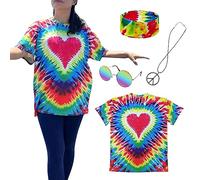 XonyiCos Costume hippie per uomini e donne anni '60 e '70 t-shirt colorata occhiali da sole fascia collana della pace 4 pezzi festa a tema (Tie Dye 4 pezzi, L)