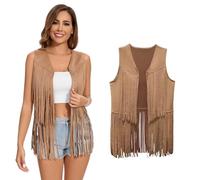 XonyiCos Gilet da donna con fringe anni '70 anni '60, hippie, senza maniche, cowgirl western in finta pelle scamosciata, nappa, carnevale e giochi di ruolo, colore: (Khaki nappa gilet, L)