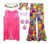 XonyiCos Set di 8 costumi hippie da discoteca per bambine anni '60 e '70, con frange, gilet e pantaloni a campana, set di accessori (amore della pace, 9-10 anni)