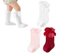 XOUDKE 3 Paia di Calze Lunghe Antiscivolo in Cotone Bimbi Bambini,Calze da Donna Bimba,Calzini Alti al, Adatto a 1-3 Anni Bambini e Neonati,Borgogna, Rosa, Bianco