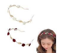 XOXVURI 2 Pieces Metal Pearl Headbands Hair Band Beads For Women, Cerchietto Per Capelli Con Rose In Metallo Hair Accessories With Pink Metal Headband,Perfect For Any Outfit, Bridal Headwear,Girls