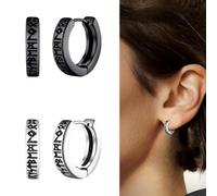 XPEX 2 Paia Orecchino Uomo Cerchio, Orecchini Cerchio Di Rune Vichinghi, Orecchini Uomo, Celtiche Orecchini Cerchio, Acciaio Inox Antiallergico Con Onice Gioielli Amuleto Nordico(Nero/Argento)