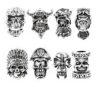 XPEX 8 Pezzi Perline Con Teschio, Teschio Decorativo, Accessori Per Capelli, Perline E Charms In Paracord, Accessori Edc Per Cordino Da Coltello,Ciondolo Portachiavi, Collana Per Braccialetto(Argento)