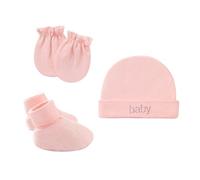 XPEX Set Di 3 Cappellino Per Ragazzi Ragazze e Paia Guanti Da Neonato,Berretti e Cappellini Per Bambino e Guantini Neonato Antigraffio Cotone,Adatto a Tutte Le Stagioni(Rosa)