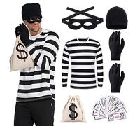 XPJBKC Costume da Ladro Uomo, Set di Costume Carnevale Ladro con Maglietta, Cappello, Guanti, Maschera, Portafoglio, Banconote, Costumi Carnevale uomo per Fancy Dress, Halloween Cosplay