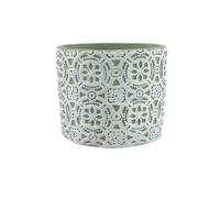 XPSHP25112 vaso per piante da interno Vaso da fiori cilindrico in cemento, fioriera con motivo in rilievo bianco su sfondo verde, con foro di drenaggio, for ufficio da giardino con balcone