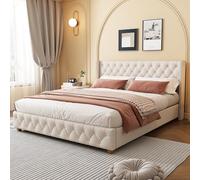 XPSSJMU Lit capitonné 140 * 190cm con sommier à lattes e tête de lit, bottoni di rivestimento, rivetti di rivestimento, pieds en bois, lin, beige