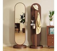 XQYYLVY Appendiabiti da pavimento con specchio girevole 360°, 3 ganci e vano portaoggetti, specchio pavimento per camera da letto