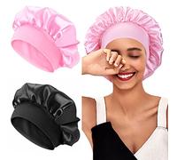 XRACEPHOL 2 boccioli di raso per dormire, 2 pezzi, capo traspirante per donne nere, cappello in raso per dormire, fascia elastica larga, cuffia per dormire, cappuccio per dormire (nero + rosa)