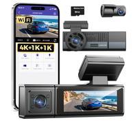 XRC TECH - Dash Cam a 3 canali per auto, registratore video a tre vie anteriore interno posteriore 4K, WiFi integrato, visione notturna a infrarossi, registrazione in loop G-Sensor, scheda da 64 GB