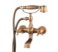 XRKJKQIDG Rubinetto per vasca da bagno in ottone anticato, montaggio a parete, con doccetta a mano, doppia maniglia a croce, miscelatore per acqua calda e fredda, stile vintage (ottone anticato)