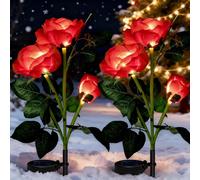 XRR Lampada Solare da Esterno,2 Pezzi luci solari del fiore della 6 rosa, Impermeabile Luci Esterno Energia Solare Fiori Artificiali Da Led illuminazione per esterni Giardino Cortile Natale(rosso)