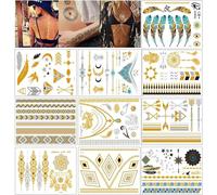 Xrten 10 Fogli Tatuaggi Temporaneo di Oro,Tattoo Metallico Tatuaggio Temporaneo Tatuaggi Adesivi Appariscenti Tattoo Impermeabile Adesivi Oro Tattoo Adesivi per Adulti Donne,10 Fogli di Stili Diversi