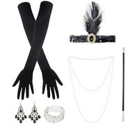 Xrten 6 Pezzi Anni '20 Flapper Great Gatsby Accessori Set Accessori Anni '20 1920 Accessori di Set Halloween per Natale Fascia Guanti Lunghi Collana con Perle Braccialetto Orecchini