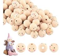 Xrten 80 Pezzi Perline Faccine Testine,20 mm Smile Perline di Legno Sfere Testa di Bambola Perline Rotonde Perline in Legno Naturale con 4,5mm Foro Palline Legno per Lavoretti per Decorazioni
