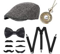 Xrten Anni '20 Gatsby Accessori da Uomo, 1920s Charleston Fancy Dress Set Gangster Costume Kit con Cappello Panama Bretella Elastiche Papillon Orologio da Taschino e Baffi Finti