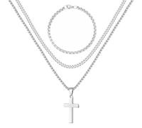 XSDSLS Collana A Croce Da Uomo,Set Di Braccialetti In Acciaio Inossidabile,Ciondolo A Croce,Collana A Catena Cubana,Collana A Catena A Strati,Nero/Oro/Argento,Regalo Per Uomini Donne (Tutto l'argento)