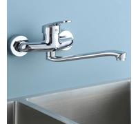 XSDSM Rubinetti Cucina Parete Rubinetto Lavello Girevole Caldo E Freddo Cromato Doppio Foro Miscelatore Monocomando,22 cm