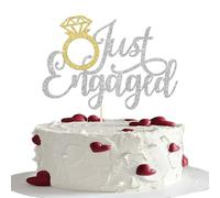 Xsstarmi 1 confezione di topper per torta con anello dorato glitterato in argento con scritta "Just Engaged", decorazione per torte a tema matrimonio e fidanzamento