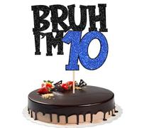Xsstarmi Confezione da 1 topper per torta con scritta "Happy 10th Birthday", glitterata, con scritta "Bruh I'm 10 Bro" It's My 10th Birthday Cake Pick per Cheers to 10 Years Birthday Party Cake