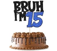 Xsstarmi Confezione da 1 topper per torta con scritta "Happy 15th Birthday", glitterata, con scritta "Bruh I'm 15 Bro" It's My 15th Birthday Cake Pick per Cheers to 15 Years Birthday Party Cake