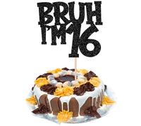 Xsstarmi Confezione da 1 topper per torta con scritta "Happy 16th Birthday", con glitter neri, con scritta "Bruh I'm 16 Bro" It's My 16th Birthday Cake Pick per Cheers to 16 Years Birthday Party Cake