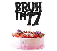 Xsstarmi Confezione da 1 topper per torta con scritta "Happy 17th Birthday", con glitter neri, con scritta "Bruh I'm 17 Bro" It's My 17th Birthday Cake Pick per Cheers to 17 Years Birthday Party Cake