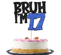 Xsstarmi Confezione da 1 topper per torta con scritta "Happy 17th Birthday", glitterata, con scritta in inglese "Bruh I'm 17 Bro" It's My 17th Birthday Cake Pick per Cheers to 17 Years Birthday Party