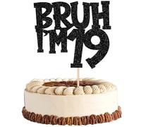 Xsstarmi Confezione da 1 topper per torta con scritta "Happy 19th Birthday", con glitter neri, con scritta "Bruh I'm 19 Bro" It's My 19th Birthday Cake Pick per Cheers to 19 Years Birthday Party Cake