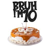 Xsstarmi Confezione da 1 topper per torta per 10° compleanno, con glitter neri, con scritta "Bruh I'm 10 Bro" It's My 10th Birthday Cake Pick per Cheers to 10 Years Birthday Party Cake Decoration