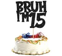Xsstarmi Confezione da 1 topper per torta per 15° compleanno, con glitter neri, Bruh I'm 15 Bro It's My 15th Birthday Cake Pick per Cheers to 15 Years Birthday Party Cake Decoration Supplies