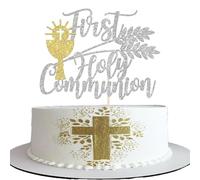 Xsstarmi Confezione da 1 topper per torta per prima comunione, argento glitterato, oro, croce del Santo Graal, battesimo cristiano, plettro per torta per Dio benedica, baby shower, feste di compleanno