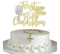 Xsstarmi Confezione da 1 topper per torta per prima comunione, oro glitterato, argento, croce del Santo Graal, battesimo cristiano, plettro per torta per Dio benedica, baby shower, feste di compleanno