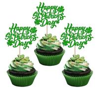 Xsstarmi Confezione da 24 topper per cupcake con scritta "Happy St. Patrick's Day", glitterati, a forma di quadrifoglio, decorazioni per torte di compleanno e feste di compleanno