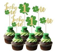 Xsstarmi Confezione da 24 topper per cupcake con scritta "Happy St. Patrick's Day", glitterati, a forma di quadrifoglio irlandese, decorazioni per torte per festa di San Patrizio, baby shower, 1°