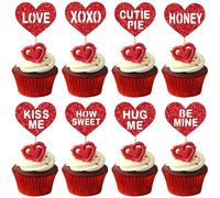 Xsstarmi Confezione da 24 topper per cupcake con scritta "Happy Valentine's Day", con glitter rossi Be Mine, Kiss Me Love Honey Hug Me, per matrimoni, compleanni, San Valentino, feste, decorazioni per