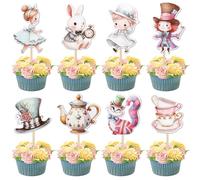 Xsstarmi Confezione da 40 topper per cupcake a tema Alice nel paese delle meraviglie, con gatto sorridente, lepre, lepre, cappellaio matto, tè, feste, decorazioni per torte a tema Alice nel paese
