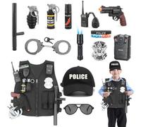 XSYKJGS Costume Poliziotto Bambino, 15 Pezzi Vestito Polizia Completo con Accessori (Cappello, Manette, Gilet) per Ragazze e Ragazzi, Idee per Halloween Carnevale