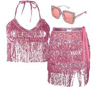 Xtinmee Gonna con paillettes per danza del ventre per circonferenza della vita con reggiseno top Halloween scintillante gonna con frange per donne, Rosa, M