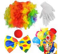 XTUDOU® 4 Pezzi Accessori Costume Clown, Parrucca Clown, Naso Clown, Papillon, Guanti, Costume Clown Adulto per Halloween Carnevale Cosplay Festa in Maschera Carnevale