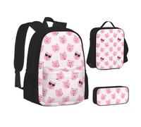 XTWPTOO Divertente set 3 in 1 di zaino per la scuola in tela con stampa di maiale rosso con zaino borsa per il pranzo astuccio per studenti adulti, Nero , Taglia unica