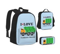 XTWPTOO I Love Garbage Trucks - Set di zaini 3 in 1 per la scuola, con zaino, portapranzo, astuccio, studenti e adulti, Nero , Taglia unica