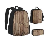XTWPTOO Set 3 in 1 di zaino per la scuola in tela con stampa a venature del legno con zaino borsa per il pranzo astuccio per studenti adulti, Nero , Taglia unica