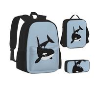 XTWPTOO Set di zaini 3 in 1 in tela con stampa di delfini, orche e oceano, con zaino, borsa per il pranzo, astuccio, studenti e adulti, Nero , Taglia unica