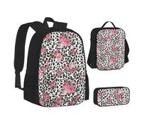 XTWPTOO Set di zaini 3 in 1 in tela con stampa leopardata rosa rossa con zaino borsa per il pranzo astuccio per studenti adulti, Nero , Taglia unica