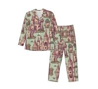 XTYGETY Pigiama da uomo con stampa di castello delle fiabe, caldo e a maniche lunghe, 2 pezzi, con bottoni (S-XXL), Nero , XL