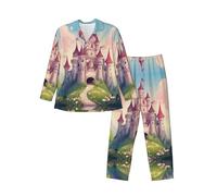 XTYGETY Pigiama da uomo con stampa di castello delle fiabe, caldo e a maniche lunghe, 2 pezzi, con bottoni (S-XXL), Nero , S