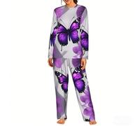 XTYGETY Viola Farfalla E Fiore 1 Stampa Comodi Delle Donne Pigiama Set Casual Loungewear Manica Lunga Biancheria Da Notte Per Le Donne 2 Pezzi, Nero , XL